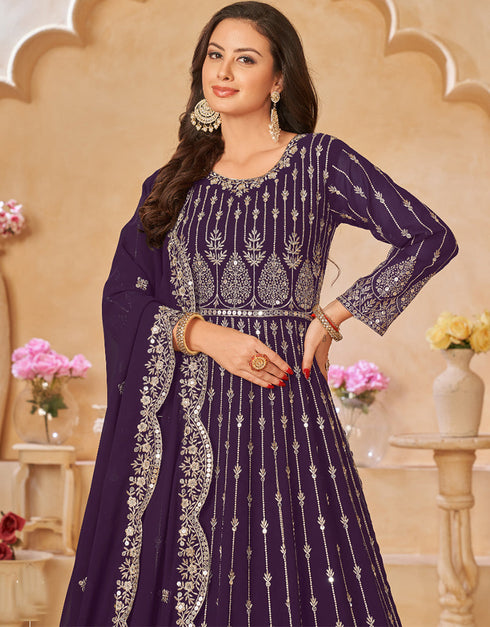 Traditional Party Wear Heavy Salwar Suit Purple Faux Georgette Pant Anarkali Front View