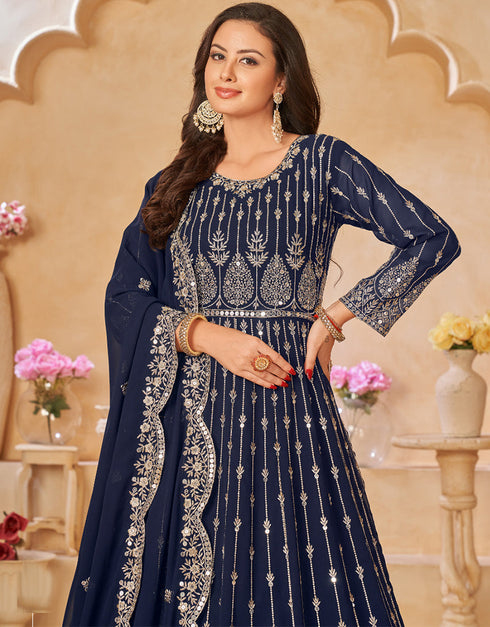 Traditional Party Wear Heavy Salwar Suit Dark Blue Faux Georgette Pant Anarkali Close-up View