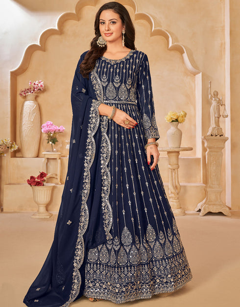 Traditional Party Wear Heavy Salwar Suit Dark Blue Faux Georgette Pant Anarkali Back View