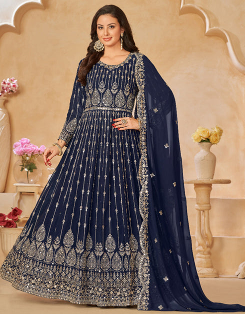 Traditional Party Wear Heavy Salwar Suit Dark Blue Faux Georgette Pant Anarkali Side View