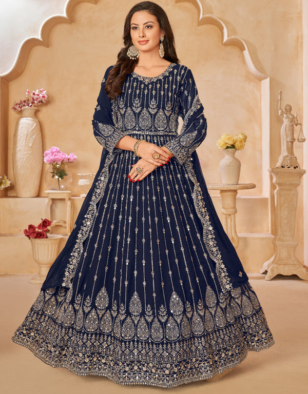 Traditional Party Wear Heavy Salwar Suit Dark Blue Faux Georgette Pant Anarkali Front View