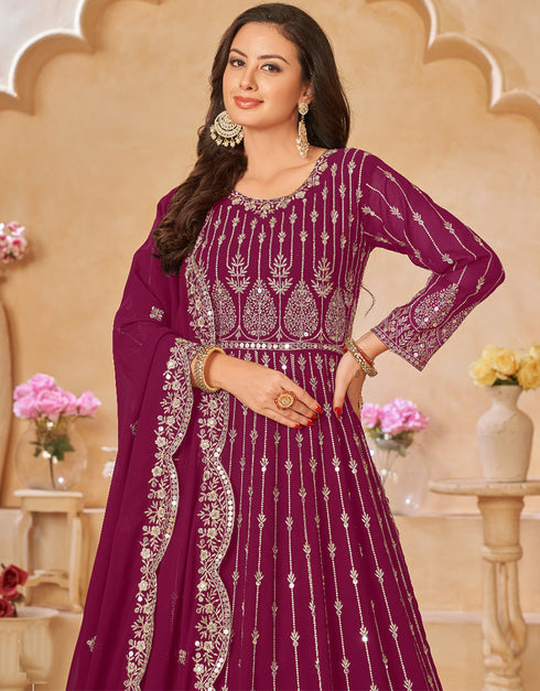 Traditional Party Wear Heavy Salwar Suit Pink Faux Georgette Pant Anarkali Front View