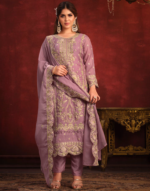Traditional Party Wear Heavy Salwar Suit Lavender Viscose Organza Pant Straight Close-up View