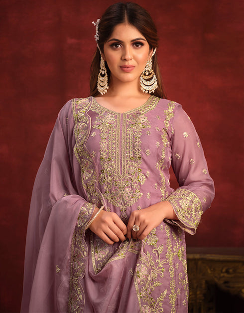 Traditional Party Wear Heavy Salwar Suit Lavender Viscose Organza Pant Straight Side View