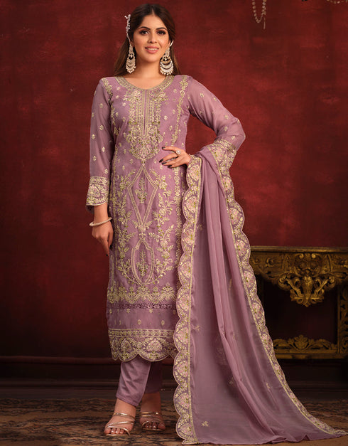 Traditional Party Wear Heavy Salwar Suit Lavender Viscose Organza Pant Straight Front View