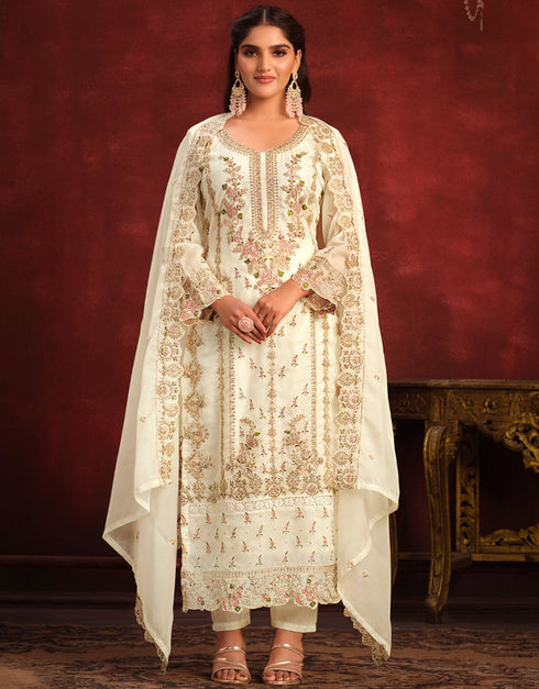 Traditional Party Wear Heavy Salwar Suit White Viscose Organza Pant Straight Close-up View