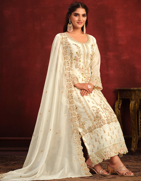 Traditional Party Wear Heavy Salwar Suit White Viscose Organza Pant Straight Back View