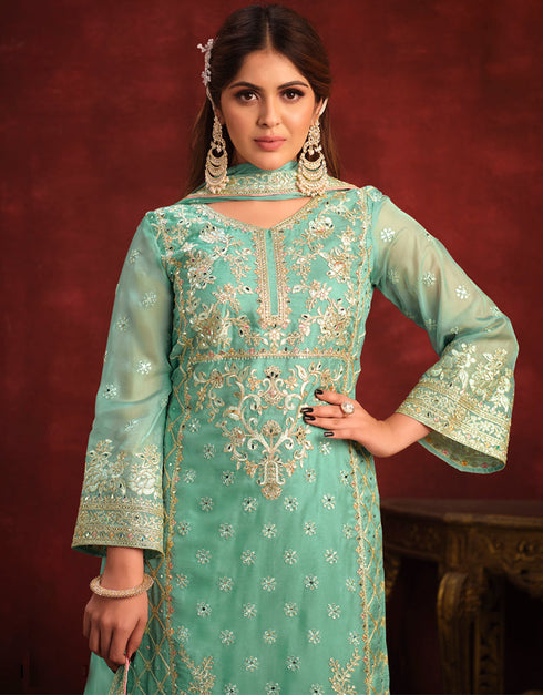 Traditional Party Wear Heavy Salwar Suit Pista Viscose Organza Pant Straight Back View