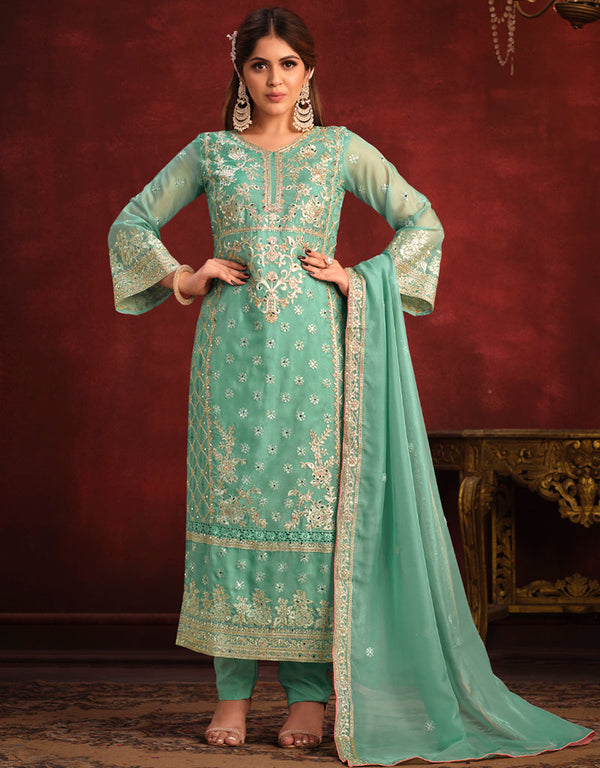 Traditional Party Wear Heavy Salwar Suit Pista Viscose Organza Pant Straight Front View