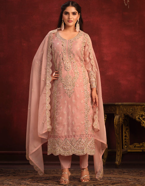 Traditional Party Wear Heavy Salwar Suit Peach Viscose Organza Pant Straight Close-up View