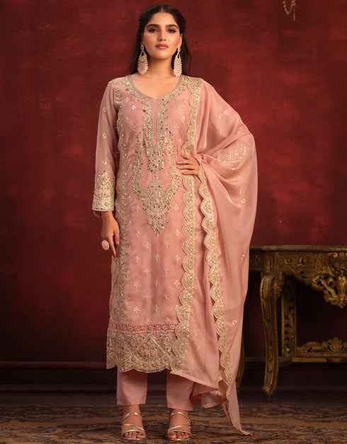 Traditional Party Wear Heavy Salwar Suit Peach Viscose Organza Pant Straight Front View