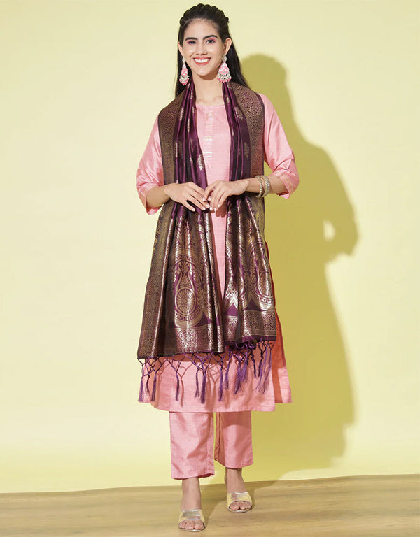 Designer Party Wear Cotton Silk Blend Salwar Suit Baby-Pink Cotton Silk Blend Pant Straight Front View