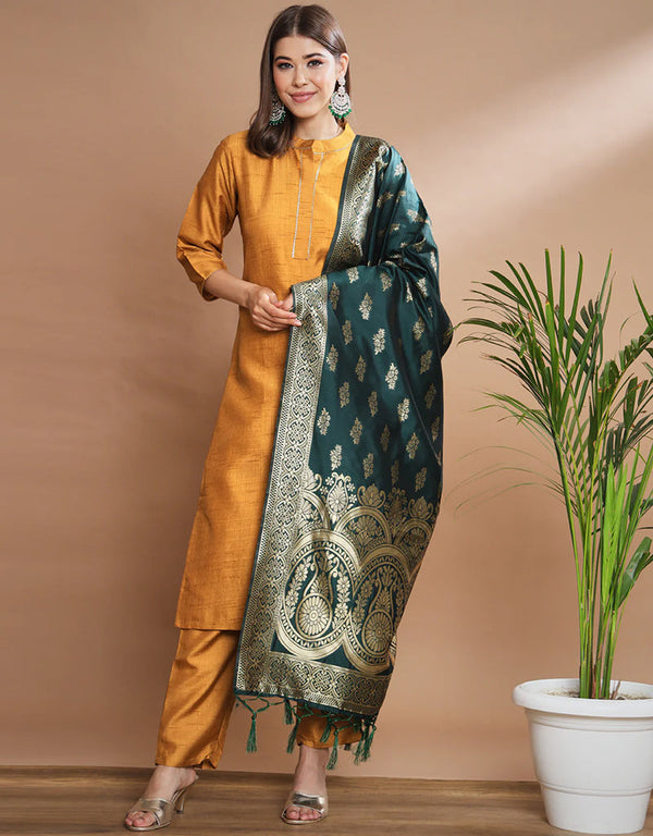 Designer Party Wear Cotton Silk Blend Salwar Suit Mustard Cotton Silk Blend Pant Straight Front View