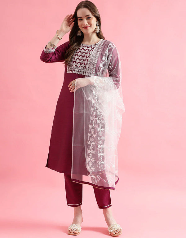 Designer Party Wear Silk Blend Salwar Suit Purple Silk Blend Pant Straight Front View