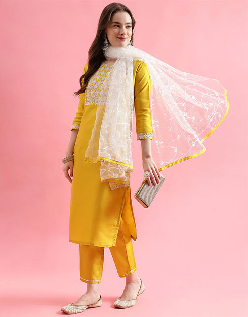Designer Party Wear Silk Blend Salwar Suit Yellow Silk Blend Pant Straight Close-up View