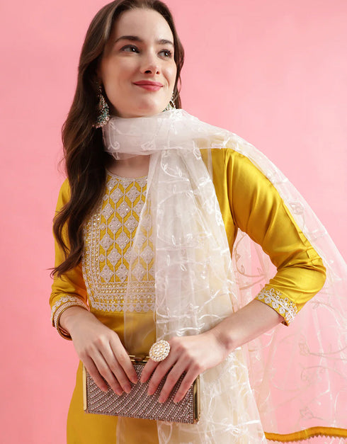 Designer Party Wear Silk Blend Salwar Suit Yellow Silk Blend Pant Straight Side View