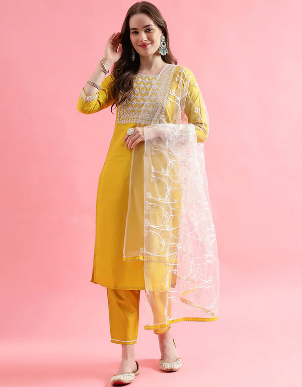 Designer Party Wear Silk Blend Salwar Suit Yellow Silk Blend Pant Straight Front View