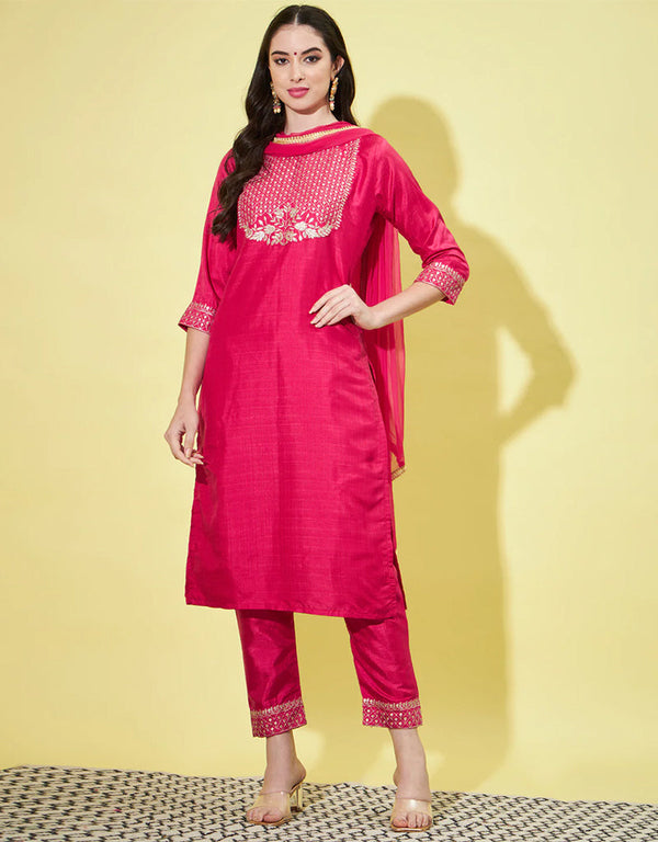 Designer Party Wear Silk Blend Salwar Suit Pink Silk Blend Pant Straight Front View