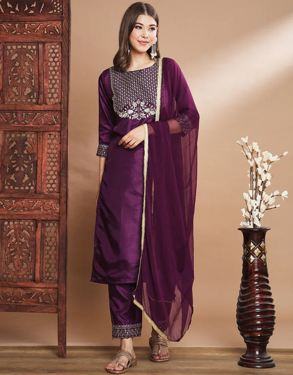 Designer Party Wear Silk Blend Salwar Suit Purple Silk Blend Pant Straight Front View