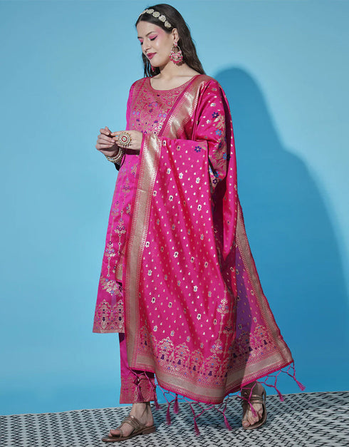 Designer Party Wear Cotton Silk Readymade Suit Pink Cotton Silk Jacquard Pant Straight Close-up View