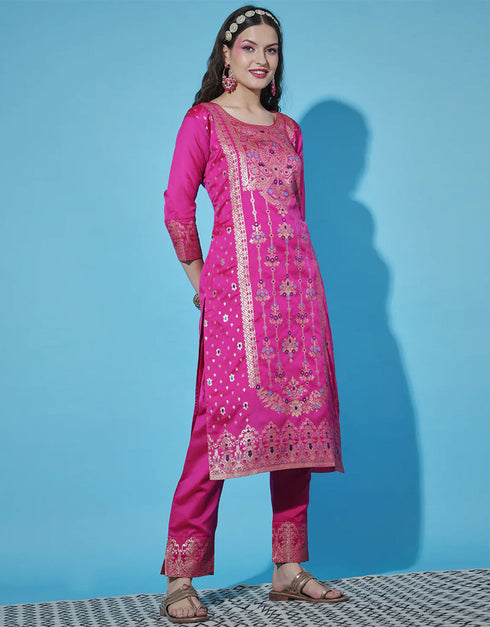 Designer Party Wear Cotton Silk Readymade Suit Pink Cotton Silk Jacquard Pant Straight Back View