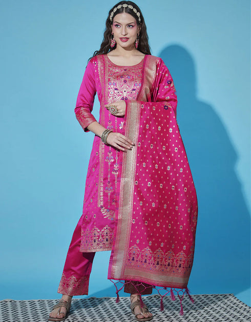 Designer Party Wear Cotton Silk Readymade Suit Pink Cotton Silk Jacquard Pant Straight Front View
