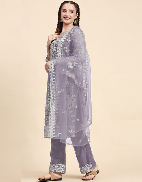 Designer Party Wear Pakistani Salwar Suit Violet Net Pant Straight Close-up View