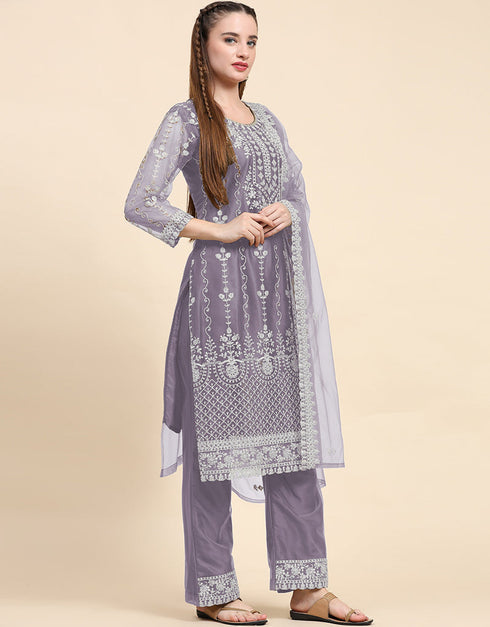 Designer Party Wear Pakistani Salwar Suit Violet Net Pant Straight Back View