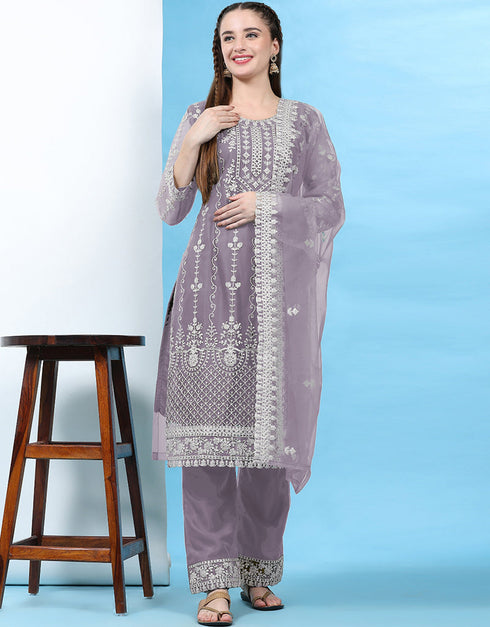 Designer Party Wear Pakistani Salwar Suit Violet Net Pant Straight Front View