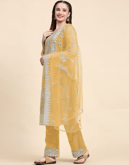 Designer Party Wear Pakistani Salwar Suit Yellow Net Pant Straight Close-up View