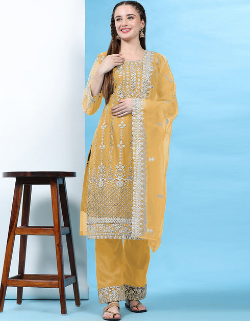 Designer Party Wear Pakistani Salwar Suit Yellow Net Pant Straight Front View