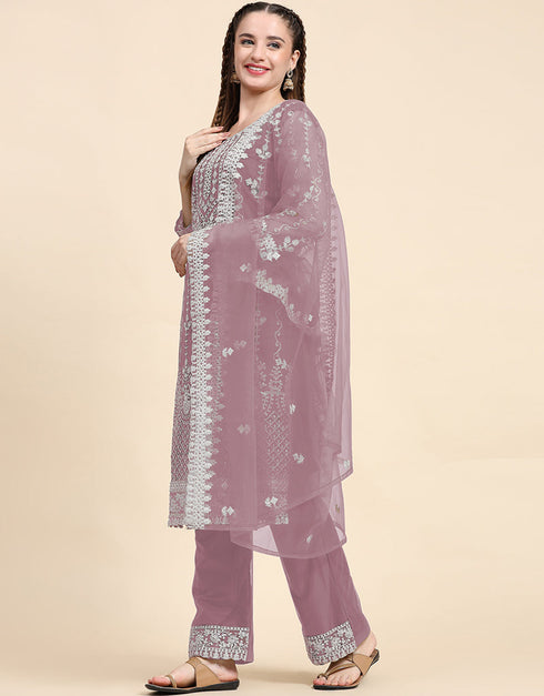 Designer Party Wear Pakistani Salwar Suit Purple Net Pant Straight Close-up View