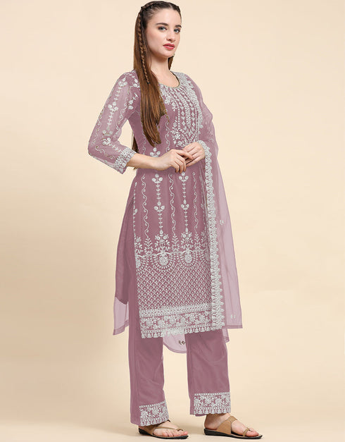 Designer Party Wear Pakistani Salwar Suit Purple Net Pant Straight Back View