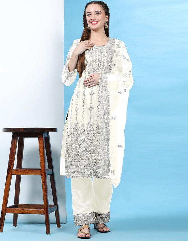 Designer Party Wear Pakistani Salwar Suit White Net Pant Straight Front View