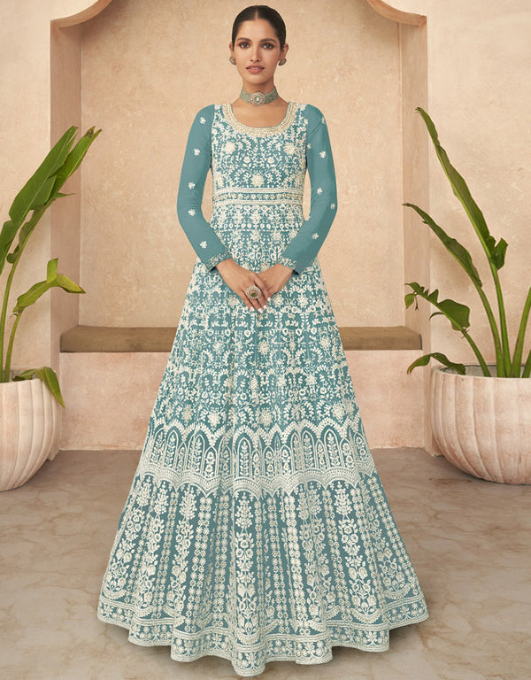 Designer Party Wear Anarkali Salwar Suit Sky Faux Georgette Pant Anarkali Front View