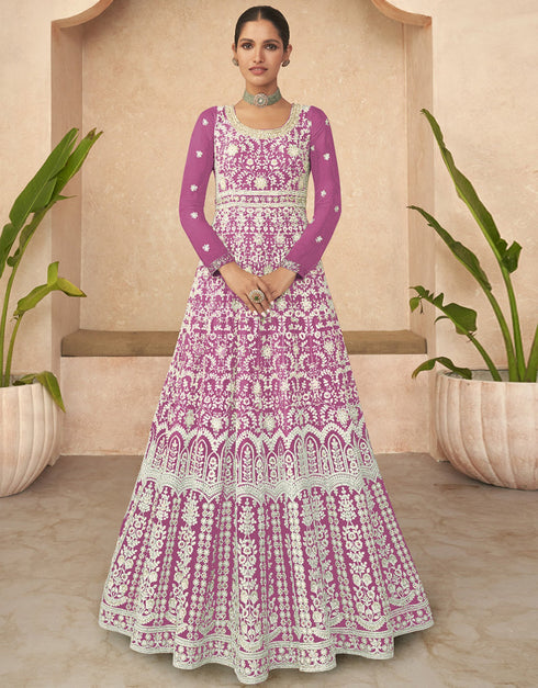 Designer Party Wear Anarkali Salwar Suit Pink Faux Georgette Pant Anarkali Front View