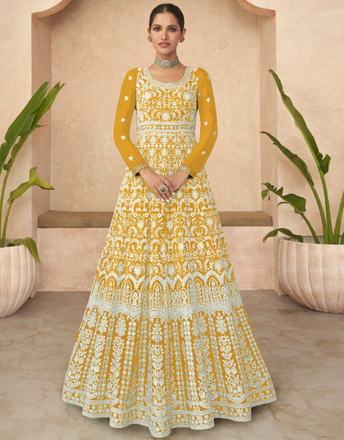 Designer Party Wear Anarkali Salwar Suit Yellow Faux Georgette Pant Anarkali Front View