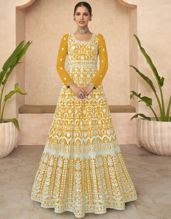 Designer Party Wear Anarkali Salwar Suit Yellow Faux Georgette Pant Anarkali Front View