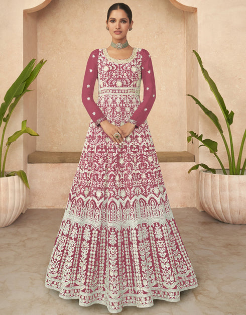 Designer Party Wear Anarkali Salwar Suit Mauve Faux Georgette Pant Anarkali Front View
