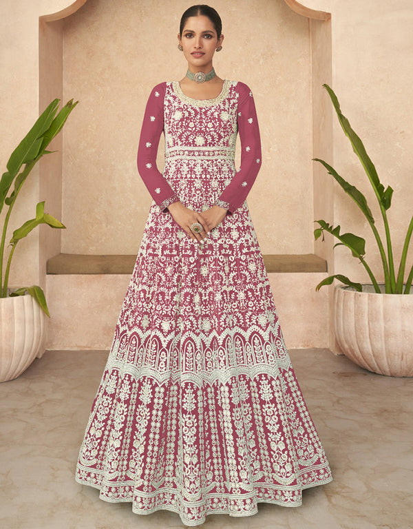 Designer Party Wear Anarkali Salwar Suit Mauve Faux Georgette Pant Anarkali Front View