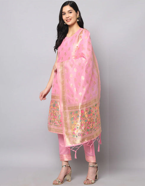 Designer Party Wear Cotton Silk Jacquard Salwar Suit Baby Pink Cotton Silk Jacquard Pant Straight Close-up View