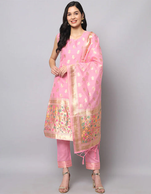 Designer Party Wear Cotton Silk Jacquard Salwar Suit Baby Pink Cotton Silk Jacquard Pant Straight Front View