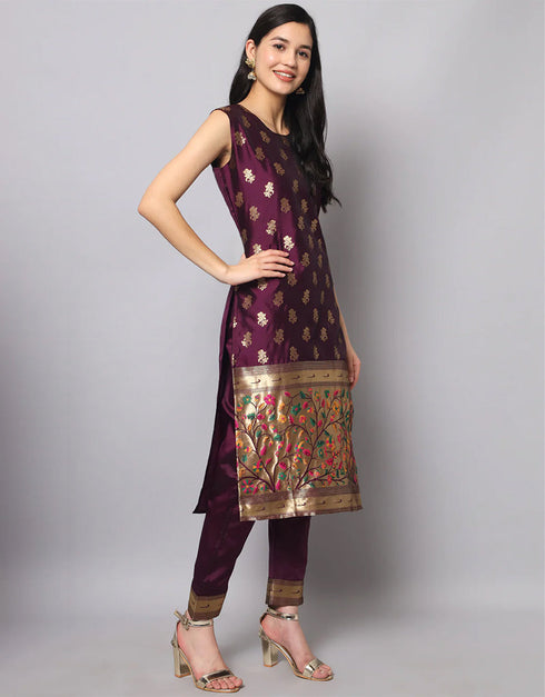 Designer Party Wear Cotton Silk Jacquard Salwar Suit Purple Cotton Silk Jacquard Pant Straight Back View