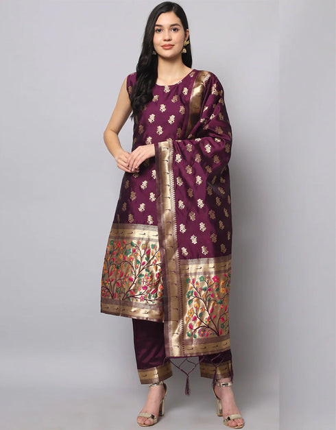 Designer Party Wear Cotton Silk Jacquard Salwar Suit Purple Cotton Silk Jacquard Pant Straight Close-up View