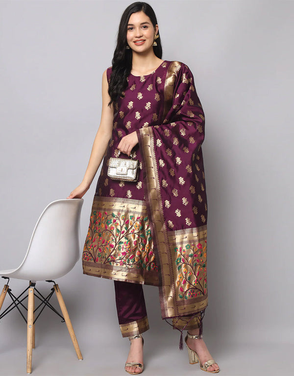 Designer Party Wear Cotton Silk Jacquard Salwar Suit Purple Cotton Silk Jacquard Pant Straight Front View