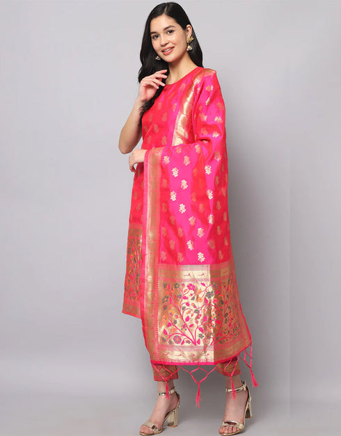 Designer Party Wear Cotton Silk Jacquard Salwar Suit Dark Pink Cotton Silk Jacquard Pant Straight Close-up View
