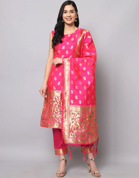 Designer Party Wear Cotton Silk Jacquard Salwar Suit Dark Pink Cotton Silk Jacquard Pant Straight Front View