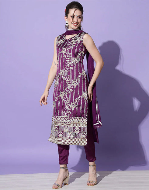 Designer Party Wear Cotton Silk Blend Salwar Suit Purple Cotton Silk Blend Pant Straight Close-up View