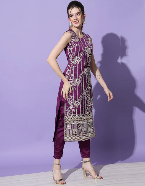 Designer Party Wear Cotton Silk Blend Salwar Suit Purple Cotton Silk Blend Pant Straight Back View