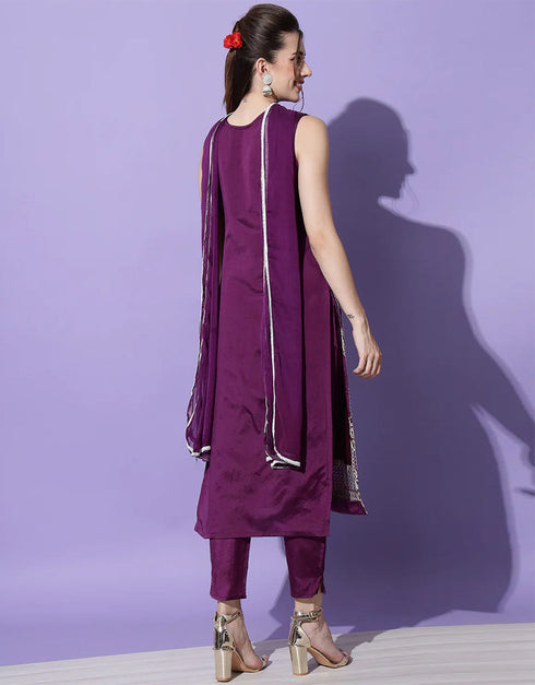 Designer Party Wear Cotton Silk Blend Salwar Suit Purple Cotton Silk Blend Pant Straight Side View